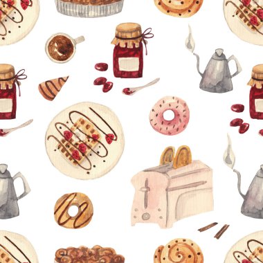 Tatlılar ile Seamless suluboya rahat modeli. Çörek, gofret, reçel, tost makinesi, su ısıtıcısı, pasta, kahve