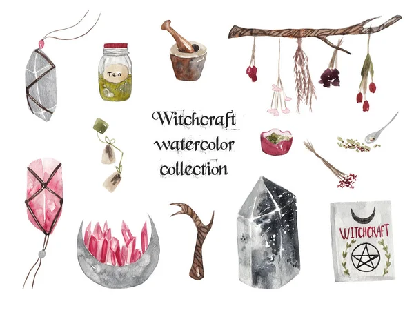 Witchcraft Collection Torkade Örter Kristaller Magiska Boken Akvarell Illustration Vit — Stockfoto