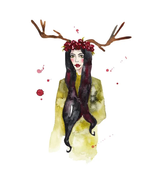 彼女の頭に鹿の角のついた森のニンフ 孤立した白地の水彩イラスト — ストック写真