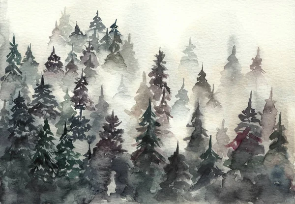 Дерева Тумані Лісовий Акварельний Пейзаж — стокове фото