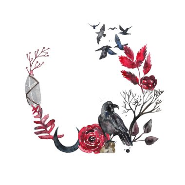 Bir çelenk bitki, çiçek ve suluboya orman ve sihirli öğeleri. Suluboya Gotik resimde beyaz izole arka planda