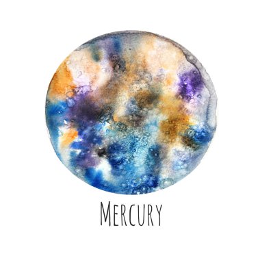 Planet Mercury. Beyaz izole zemin üzerine suluboya resim