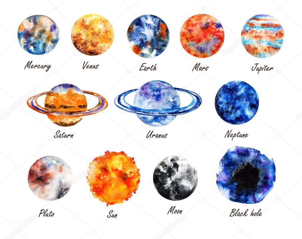 The planets of the Solar system on white background. Mercury, Venus, Earth, Mars, Jupiter, Saturn, Uranus, Neptune, Pluto, Sun, Moon, Black Hole. Watercolor illustration