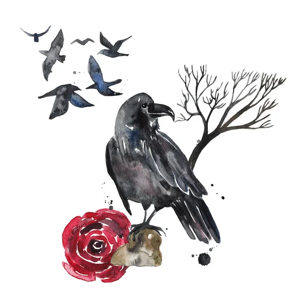 Hermosa Composición Gótica Acuarela Con Cuervo Rosas Plantas Sobre Fondo — Foto de Stock