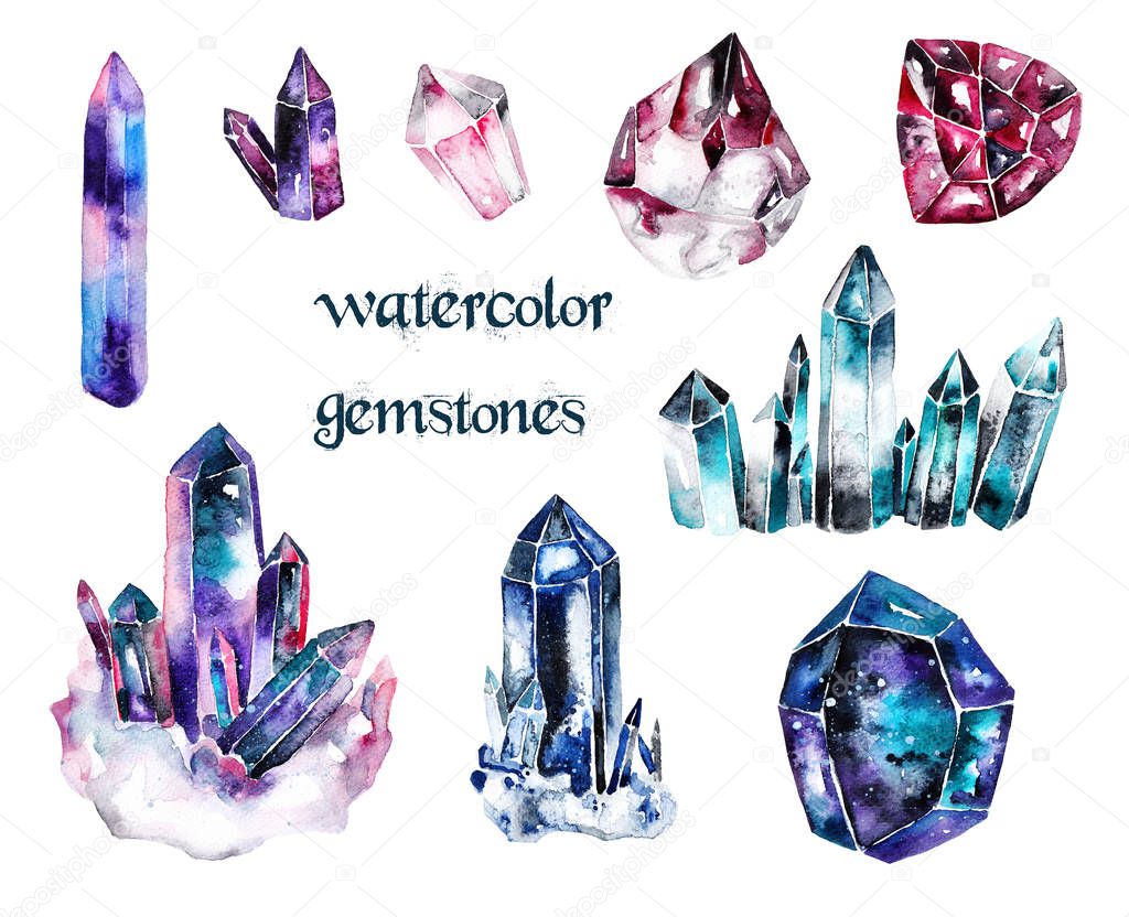 Multicolored watercolor gems on white isolated background. Cosmic magic crystals