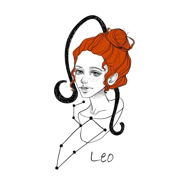 Zodiac Sign Leo Beautiful Girl Red Hair Freckles White Isolated — Stock Vector