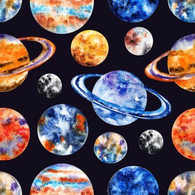 Güneş sisteminin gezegenleri ile Seamless modeli. Merkür, Venüs, dünya, Mars, Jüpiter, Satürn, Uranüs, Neptün, Pluto. Suluboya resim
