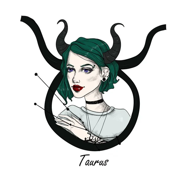 Zodiac Sign Taurus Beautiful Girl Horns White Isolated Background Zodiac — Stock Photo, Image