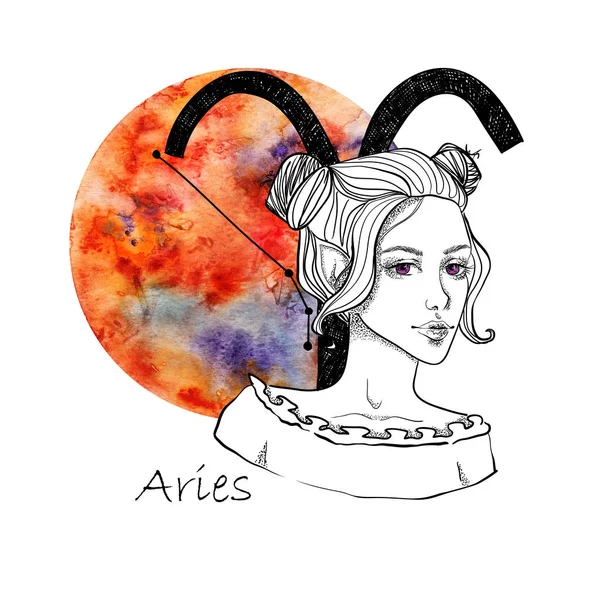 Znak Zodiaku Baran Piękna Dziewczyna Fioletowe Oczy Przed Planety Mars — Zdjęcie stockowe