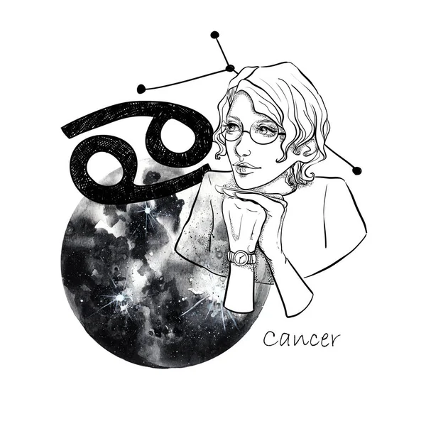 Zodiac sign Cancer. Beautiful girl in glasses against the Moon. Zodiac constellation