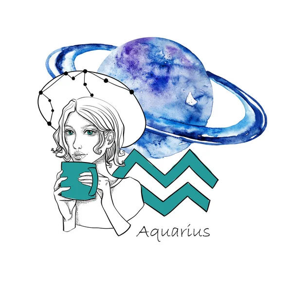 Zodiac Sign Aquarius Beautiful Girl Hat Cup Her Hands Planet — Stock Photo, Image