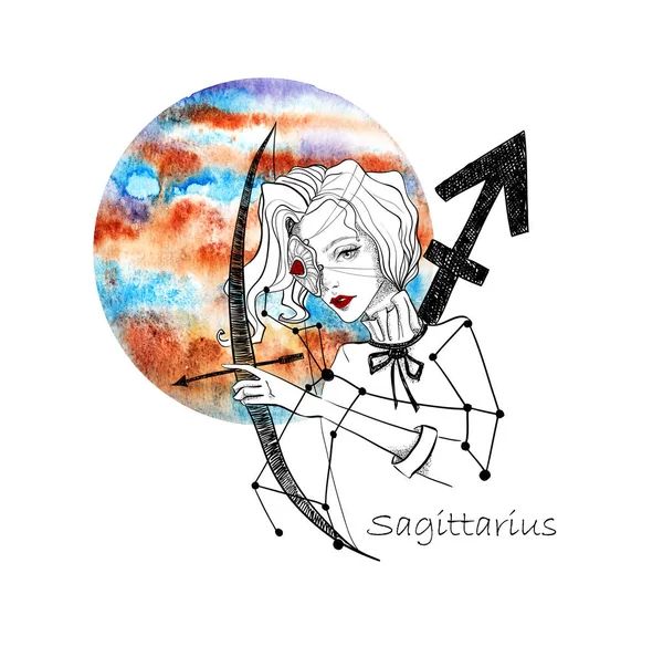 星座射手座 美丽的女孩与弓和箭对木星 十二生肖星座 — 图库照片