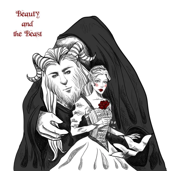 Beauty and the Beast. Characters on white isolated background. Graphic gothic hand drawn illustration