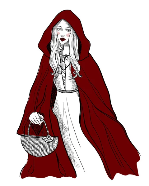 Little Red Riding Hood Teken Witte Geïsoleerde Achtergrond Grafische Gotische — Stockvector