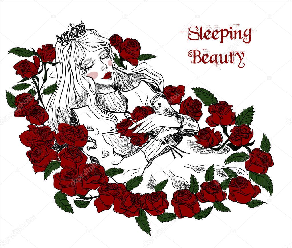  Sleeping Beauty. Character on white isolated background. Graphic gothic vector illustration