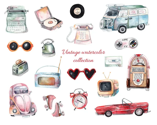 Vintage Kollektion Aquarell Retro Illustrationen Auf Weißem Isolierten Hintergrund Oldtimer — Stockfoto