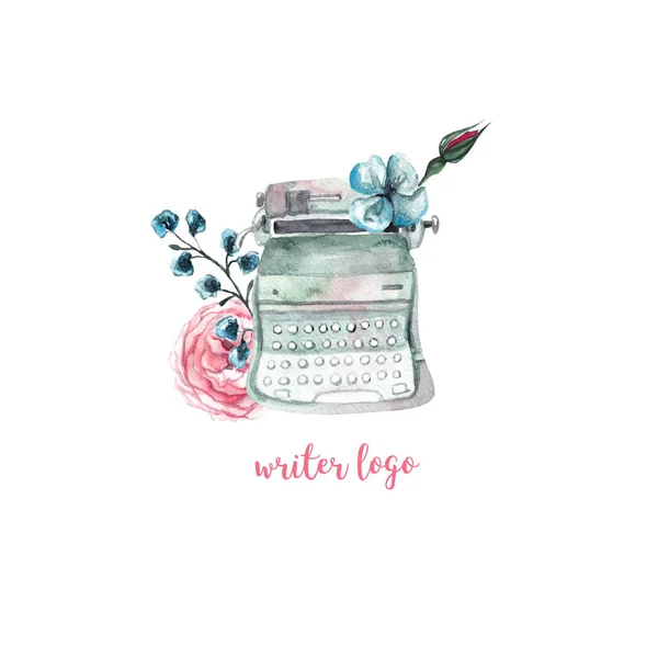 Writer logo on white isolated background. Beautiful watercolor illustration. Vintage typewriter and beautiful flowers