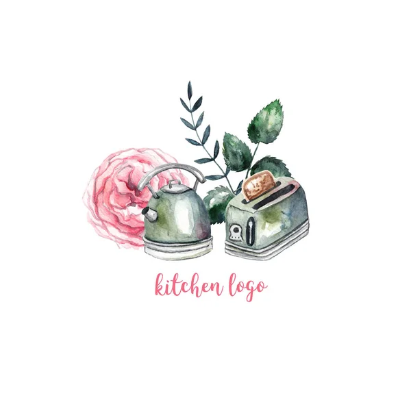 Cozy kitchen logo on white isolated background. Beautiful watercolor illustration. Vintage teapot, toaster and beautiful flowers