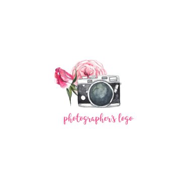 Beyaz izole arka plan üzerinde Fotoğrafçı logosu. Güzel suluboya illüstrasyon. Vintage kamera ve güzel çiçekler