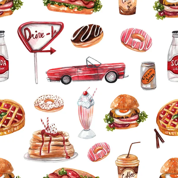 Seamless pattern with retro diner menu. Burger, hot dog, soda, milkshakes, ice cream, berry pie, donuts, coffee