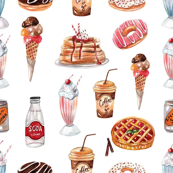Seamless pattern with retro diner menu. Burger, hot dog, soda, milkshakes, ice cream, berry pie, donuts, coffee