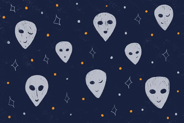 Blue vintage background with funny aliens. Retro space background