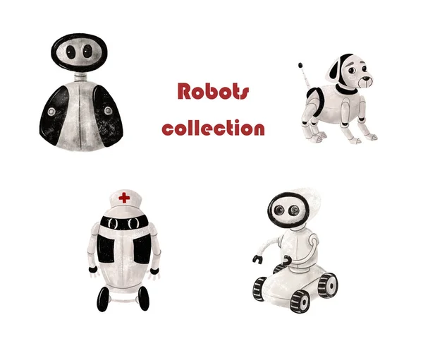 Söt Robotar Samling Handritade Illustrationer Vit Isolerad Bakgrund — Stockfoto