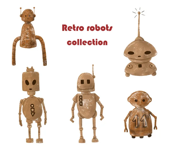 Söt Retro Robotar Samling Handritade Illustrationer Vit Isolerad Bakgrund — Stockfoto