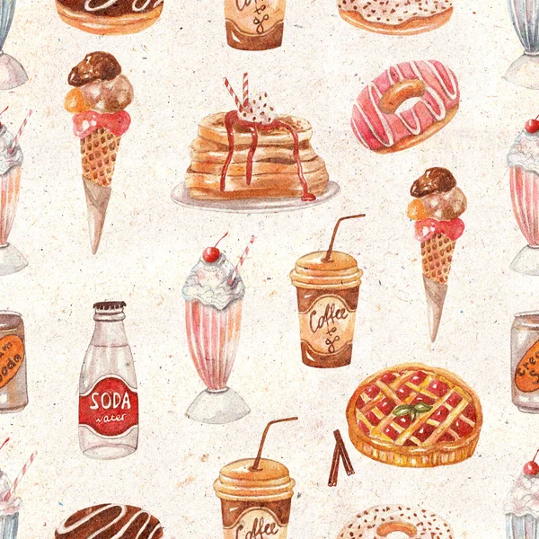 Seamless pattern with retro diner menu on textured vintage background. Burger, hot dog, soda, milkshakes, ice cream, berry pie, donuts, coffee 