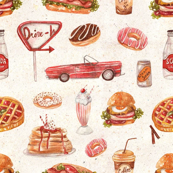 Seamless pattern with retro diner menu on textured vintage background. Burger, hot dog, soda, milkshakes, ice cream, berry pie, donuts, coffee