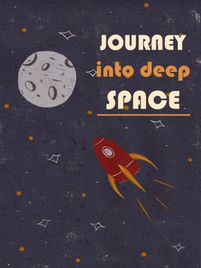 Moon ve roketli kartpostal. Uzay retro posteri