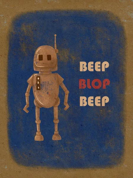 Vykort Med Söt Robot Handritad Illustration Retro Affisch — Stockfoto