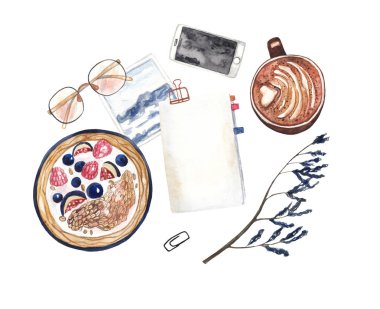 Metin alanı ile suluboya mockup. Sağlıklı kahvaltı, düzlük. Müsli yaz böğürtlenli, boş defter, bardak, kahve. Beyaz izole arka plan üzerine suluboya illüstrasyon