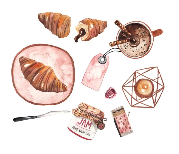 Maqueta Acuarela Con Espacio Para Texto Desayuno Saludable Flatlay Croissants — Foto de Stock