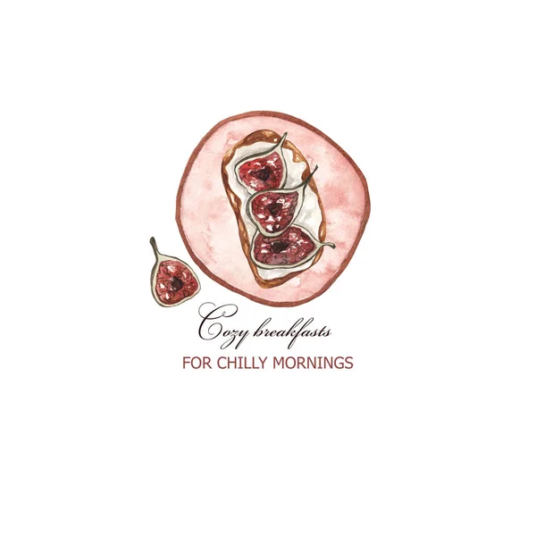 Cozy logo. Sandwiches with cheese and figs on a white isolated background. Watercolor illustration