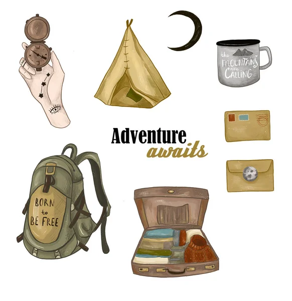 Adventure Awaits Compass Backpack Tent Hiking Mug Moon Letters Suitcase — Stock Photo, Image