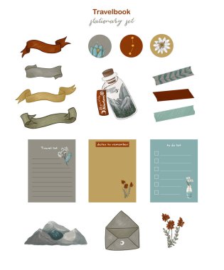 Travelbook sabit set. Kurdele, bant, zarf, dağlar, çıkartmalar, hurda için şablon. Beyaz yalıtılmış arka plan daki çizimler
