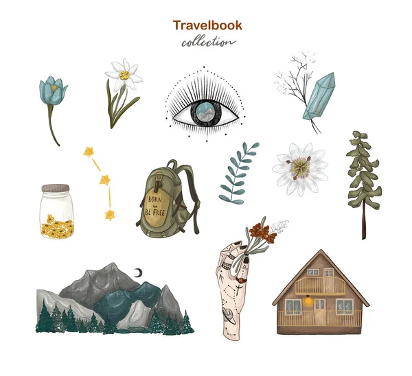 Adventure time, travel book collection. Mountains, backpack, cabin, flowers, trees and plants. Hand-drawn illustrations on white isolated background