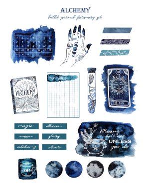 Simya ve sihir. Bullet journal koleksiyonu. Beyaz izole arka plan üzerinde suluboya ve grafik çizimler kümesi. Haftanın günleri, planlama, notlar, takvim