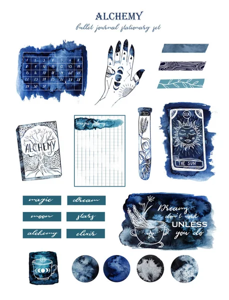 Simya ve sihir. Bullet journal koleksiyonu. Beyaz izole arka plan üzerinde suluboya ve grafik çizimler kümesi. Haftanın günleri, planlama, notlar, takvim