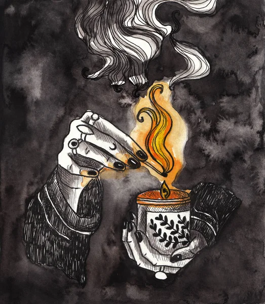 Burning candle in the hands. The girl lights a candle. Watercolor illustration