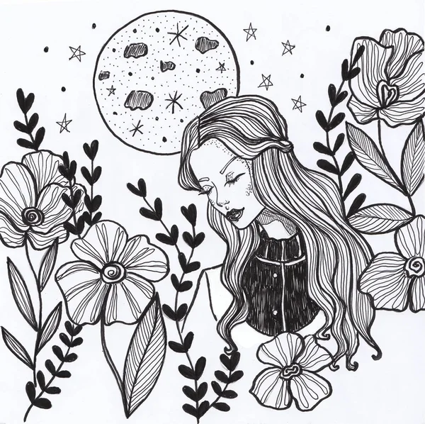 Πορτραίτο Ενός Κοριτσιού Στον Κήπο Όμορφα Λουλούδια Φεγγάρι Και Αστέρια — Φωτογραφία Αρχείου