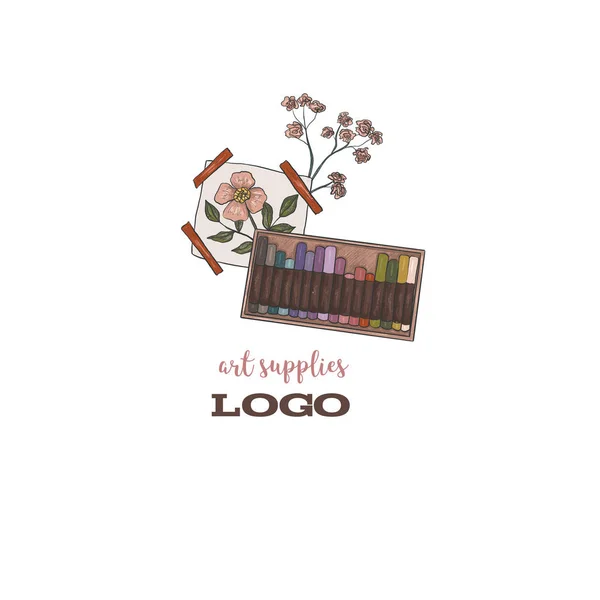 Λογότυπο Προμηθειών Τέχνης Σχέδιο Παστέλ Πρότυπο Θέση Για Κείμενο Εικονογράφηση — Φωτογραφία Αρχείου