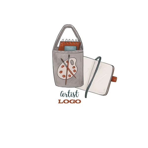 Artist logo. Bag with art supplies and a sketchbook. Template, place for text. Illustration on white isolated background