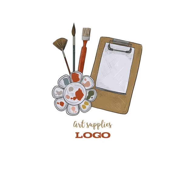 Arte Fornece Logo Drawing Papel Paleta Escovas Modelo Lugar Para — Fotografia de Stock