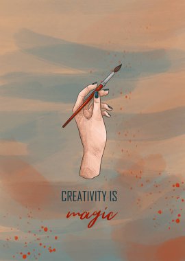 Yaratıcılık sihirdir. Şirin ve samimi motivasyon kartı. Sanatçılar için kart