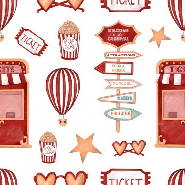 Lunapark, karnaval eşyaları, biletler, güneş gözlükleri, yıldızlar...