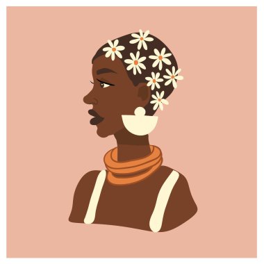 Saçında çiçekler olan güzel bir Afrikalı kadın. Vektör özeti
