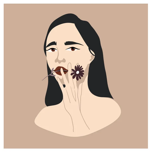 Krásná Asiatka Vektorový Abstraktní Portrét Fialovým Květem — Stockový vektor