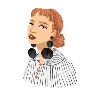 Siyah küpeli ve çizgili bluzlu güzel bir kadın. Beyaz yalıtılmış arka planda modern soyut moda portresi, el çizimi